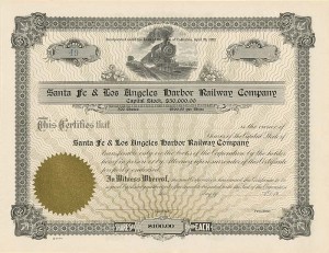 Santa Fe and Los Angeles Harbor Railway Co. - Railroad Stock Certificate - Branch Line of the Atchison Topeka Santa Fe Railway